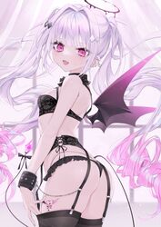  absurdres ass black_bra black_panties black_thighhighs bra breasts curly_hair demon_girl demon_wings female from_behind garter_belt gem hair_intakes halo highres hoju_rura indie_virtual_youtuber long_hair looking_back mashiro_shiki oerba_yun_fang open_mouth panties pink_eyes small_breasts smile solo tail thighhighs thighs thong twintails underwear underwear_only very_long_hair virtual_youtuber white_hair wings 