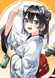  :d absurdres animal_ear_fluff animal_ears arm_up black_hair blue_eyes bottle breasts chinese_zodiac commentary cup double_bun drinking_glass english_commentary female floral_print hair_between_eyes hair_bun hair_intakes highres holding holding_bottle holding_cup japanese_clothes kimono kimyo long_sleeves looking_at_viewer medium_breasts multicolored_hair oerba_yun_fang orange_hair original print_kimono smile solo spoon streaked_hair tail tiger_ears tiger_girl tiger_tail white_kimono wide_sleeves year_of_the_tiger 