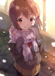  blush bob_cut brown_hair commentary_request female gloves hagiwara_yukiho highres idolmaster idolmaster_(classic) kuzuya_ramurin pantyhose scarf short_hair smile snow solo winter_clothes 