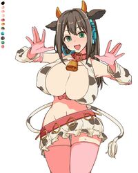  alternate_breast_size animal_ears animal_print bangs bell black_hair bovine breasts collar color_guide cosplay cow_ears cow_horns cow_print cow_tail cowbell earphones female gloves green_eyes horns idolmaster idolmaster_cinderella_girls large_breasts limited_palette long_hair midriff miniskirt oikawa_shizuku oikawa_shizuku_(cosplay) pink_gloves pink_thighhighs shibuya_rin skirt smile spot_color tail thighhighs toriga_naku white_background 