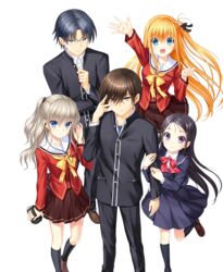  2boys 3girls arm_up black_legwear black_pants black_ribbon black_shirt black_skirt blonde_hair blue_eyes bow brown_eyes brown_hair brown_skirt camcorder camera charlotte_(anime) collarbone dress_shirt earphones floating_hair from_above glasses grey_hair hair_between_eyes hair_ribbon highres holding holding_camera hoshinoumi_academy_school_uniform kneehighs long_hair long_sleeves looking_at_viewer miniskirt multiple_boys multiple_girls na-ga nishimori_yusa official_art otosaka_ayumi otosaka_yuu pants pink_shirt pleated_skirt ribbon sailor_collar school_uniform shirt short_hair side_ponytail simple_background skirt socks standing standing_on_one_leg takajou_joujirou tomori_nao very_long_hair video_camera white_background white_sailor_collar white_shirt yellow_bow 