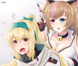  2girls animal_ears blonde_hair bow breasts brown_hair cat_ears cleavage gamryous girls&#039;_frontline gloves hairband heterochromia highres large_breasts long_hair mk23_(girls&#039;_frontline) multiple_girls ponytail red_eyes scarf smile surprised sv-98_(girls&#039;_frontline) sv-98_(mod3)_(girls&#039;_frontline) syringe white_scarf 