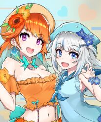  2girls absurdres ai_kotoba_iii_(vocaloid) alternate_costume aqua_bow aqua_choker bare_shoulders bead_necklace beads blue_dress blue_eyes blue_flower bow bow_choker collarbone crop_top detached_sleeves dress flower gawr_gura grey_hair hair_flower hair_ornament highres hololive hololive_english jewelry looking_at_viewer md5_mismatch multicolored_hair multiple_girls navel necklace open_hand orange_flower orange_hair purple_eyes resolution_mismatch sailor_collar sharp_teeth short_sleeves smile source_smaller streaked_hair takanashi_kiara teeth virtual_youtuber wrist_flower yellow_flower yuiwata_k 