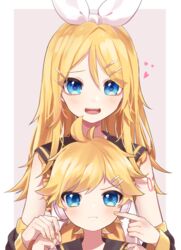  1boy aged_up ahoge blonde_hair blue_eyes blush border closed_mouth commentary detached_sleeves eyebrows_hidden_by_hair female finger_to_cheek future_style_(module) hair_between_eyes hair_ornament hair_ribbon hairclip hands_on_another&#039;s_shoulders headphones heart highres kagamine_len kagamine_rin long_hair looking_at_viewer number_tattoo open_mouth outside_border pout ribbon sailor_collar short_hair shoulder_tattoo simple_background soramame_pikuto sweatdrop tattoo teeth upper_body upper_teeth_only vocaloid white_border white_ribbon 