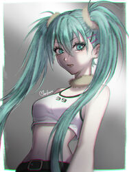  angry artist_name belt black_belt border breasts brown_choker choker clip_studio_paint_(medium) commentary crop_top female floating_hair fur_choker grey_background hair_behind_ear hair_between_eyes hair_ornament hairclip hatsune_miku highres leaning_back looking_at_viewer makuroillust medium_breasts midriff navel outside_border solo twintails upper_body v-shaped_eyebrows vocaloid white_border 