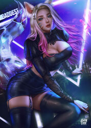  absurdres ahri_(league_of_legends) animal_ears black_panties black_thighhighs blonde_hair blue_eyes breasts cleavage crystal_tail eyeshadow facial_mark female forehead fox_ears garter_straps gradient_hair hair_ornament hairclip highres k/da_(league_of_legends) lace large_breasts league_of_legends lips logan_cure long_hair looking_at_viewer makeup midriff multicolored_hair panties pantyshot parted_lips photoshop_(medium) pink_hair sitting solo the_baddest_ahri thighhighs underwear watermark whisker_markings 