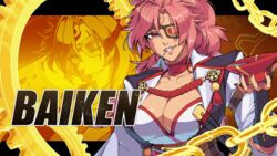  alternate_costume arm_guards bad_id bad_pixiv_id baiken breasts buskhusker chains character_name commentary english_commentary eyepatch facial_mark fake_screenshot female guilty_gear guilty_gear_strive highres holding japanese_clothes katana kimono large_breasts long_hair long_sleeves looking_at_viewer mouth_hold nail_polish pink_eyes pink_hair red_nails stalk_in_mouth sword upper_body weapon 