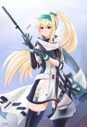  black_bodysuit blonde_hair bodysuit bolt_action bow bullet female gamryous girls&#039;_frontline glove_pull gloves green_hairband gun gun_on_back hairband hairbow highres long_hair looking_at_viewer ponytail red_eyes rifle russian_flag scarf simple_background smile sniper_rifle solo sv-98 sv-98_(girls&#039;_frontline) sv-98_(mod3)_(girls&#039;_frontline) thighhighs turtleneck weapon weapon_on_back white_scarf white_uniform 