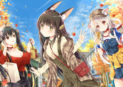  3girls :d ahoge alternate_costume animal_ears autumn autumn_leaves azur_lane bag belt belt_collar black_hair blue_sky braid breasts brown_eyes building casual choker cleavage collar commentary_request contemporary cup disposable_coffee_cup disposable_cup dog_ears eating food food_on_face fox_ears hair_ornament handbag hat highres holding leaning_forward long_hair looking_at_viewer maya_(tirolpop) multiple_girls nagato_(azur_lane) open_mouth outdoors photoshop_(medium) red_eyes shopping_bag single_braid skirt sky smile suspender_skirt suspenders taihou_(azur_lane) tree twintails white_hair yellow_eyes yuudachi_(azur_lane) 