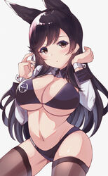  absurdres animal_ears atago_(azur_lane) atago_(stunning_speedster)_(azur_lane) azur_lane bikini black_bikini black_hair breasts commentary_request contrapposto cowboy_shot extra_ears female grey_thighhighs highres large_breasts logo long_hair looking_at_viewer misonikomi mole mole_under_eye official_alternate_costume photoshop_(medium) race_queen shrug_(clothing) simple_background solo swept_bangs swimsuit thighhighs white_background wrist_cuffs 