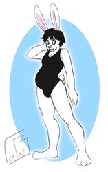  anthro barefoot basil_bunny belly big_belly black_hair blue_eyes buckteeth clothing feet fur hair hi_res lagomorph leotard leporid male mammal pregnant pregnant_anthro pregnant_male rabbit randomgirl1265 shy solo suibelly teeth white_body white_fur 