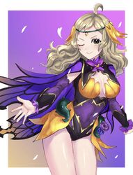  ahoge bare_legs blonde_hair bodystocking breasts cape circlet female fire_emblem fire_emblem_fates fire_emblem_heroes highres leon0630claude leotard looking_at_viewer medium_breasts official_alternate_costume ophelia_(fire_emblem) ophelia_(resplendent)_(fire_emblem) swept_bangs turtleneck wing_cape 