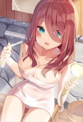  aqua_eyes bare_shoulders blush breasts brown_hair cleavage collarbone commentary_request female go-toubun_no_hanayome hair_between_eyes highres holding holding_shower_head holding_sponge large_breasts looking_to_the_side mizuki_ryuu nakano_miku naked_towel open_mouth red_hair shower_head sitting solo sponge thighs towel 