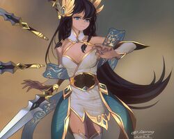  bad_id bad_twitter_id bare_shoulders blue_eyes braid breasts cleavage commentary cowboy_shot dated detached_sleeves divine_sword_irelia earrings female floating floating_object floating_sword floating_weapon highres iceroy irelia jewelry league_of_legends long_hair russian_commentary side_braid solo sword thighhighs twin_braids very_long_hair weapon white_thighhighs 