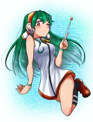  breasts brown_eyes charu_(saru_getchu) closed_mouth female full_body green_hair highres kekewan long_hair looking_at_viewer one_eye_closed saru_getchu skirt smile solo 