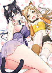  2girls :d animal_ear_fluff animal_ears arm_warmers bandeau bare_arms bare_shoulders black_hair black_shorts breasts brown_eyes brown_hair cat_ears cat_girl cat_tail check_copyright chemise claw_pose collar commentary_request copyright_request heart heart-shaped_pupils large_breasts long_hair looking_at_viewer masuishi_kinoto midriff multiple_girls nightgown oerba_yun_fang open_mouth original parted_lips purple_eyes short_shorts shorts smile strapless symbol-shaped_pupils tail thighhighs thighs tube_top twintails white_legwear yellow_bandeau 