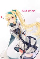  artist_name black_bodysuit blonde_hair blush bodysuit bow female gamryous girls&#039;_frontline gloves green_hairband hairband hairbow highres jacket long_hair looking_at_viewer multicolored_clothes multicolored_gloves ponytail red_eyes russian_flag scarf smile solo sv-98_(girls&#039;_frontline) sv-98_(mod3)_(girls&#039;_frontline) thighhighs turtleneck white_jacket white_scarf 