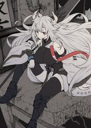  arknights armored_boots boots breasts bright_pupils closed_mouth elbow_on_knee female floating_hair grey_hair hiroya_juuren horns knee_boots large_breasts long_hair long_sleeves looking_at_viewer matoimaru_(arknights) multiple_horns muted_color pelvic_curtain red_eyes ruins sitting smile solo spot_color thighhighs very_long_hair white_pupils 