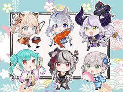  6+girls amane_kanata amane_kanata_(new_year) animal_ear_fluff animal_ears animal_on_head bell bird bird_on_head black_hair blonde_hair blue_eyes blue_hair blue_kimono blue_skirt bowl braid chibi chopsticks commentary_request crow_(la+_darknesss) demon_horns double_bun eating eyes_visible_through_hair floral_print flower food food_in_mouth frilled_skirt frills gradient_hair green_eyes green_hair grey_hair hair_bell hair_between_eyes hair_bun hair_flower hair_ornament hair_stick hakama hakama_skirt heart holding holding_bowl holding_chopsticks holding_food hololive horns hutaba_haru japanese_clothes jingle_bell kazama_iroha kimono la+_darknesss la+_darknesss_(1st_costume) long_hair long_sleeves multicolored_hair multiple_girls official_alternate_costume on_head print_kimono purple_eyes purple_hair red_eyes red_hakama sakamata_chloe sakamata_chloe_(new_year) sandals shirogane_noel shirogane_noel_(new_year) short_hair shrimp skirt streaked_hair twintails uruha_rushia uruha_rushia_(new_year) virtual_youtuber yellow_eyes 