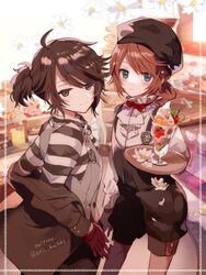  2boys ahoge alternate_costume black_eyes blue_eyes blush bow bowtie brooch brown_hair cafe cherry coat coat_on_shoulders commentary_request edgar_valden eric_knikki flower food fruit gloves hat holding identity_v indoors jewelry long_sleeves looking_at_viewer luca_balsa male_focus messy_hair multiple_boys muse_mark_(identity_v) parfait petals ponytail red_bow red_bowtie red_gloves shelf shirt shorts smile spoon striped_clothes striped_shirt suspender_shorts suspenders sweets_paradise swept_bangs tray twitter_username vest wafer_stick whipped_cream white_flower 