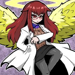  angel angel_wings black_pantyhose breasts closed_mouth collared_shirt commentary_request feathered_wings female halo hand_in_pocket lab_coat large_breasts long_hair miniskirt mon-musu_quest! nimura_mutsutoshi pantyhose promestein red_eyes red_hair shirt sidelocks simple_background skirt solo sweater wings 