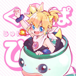  :d arm_up bandana bare_shoulders black_dress blonde_hair blue_eyes blush bowsette_jr. bracelet breath_weapon breathing_fire claw_pose commentary_request crown dress earrings fangs female fire hair_between_eyes high_ponytail horns jewelry junior_clown_car looking_at_viewer mario_(series) morunnga new_super_mario_bros._u_deluxe open_mouth pointy_ears ponytail print_bandana short_hair short_ponytail sidelocks smile solo spiked_shell spikes strapless striped super_crown tail translation_request turtle_shell white_bandana 