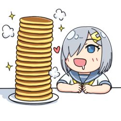  blue_eyes blue_sailor_collar chibi commentary_request drooling female food grey_hair hair_ornament hair_over_one_eye hairclip hama!_(3toshinhmkz) hamakaze_(kancolle) hungry kantai_collection looking_up neckerchief pancake pancake_stack sailor_collar saliva school_uniform serafuku short_hair simple_background solo too_many too_many_pancakes white_background yellow_neckerchief 