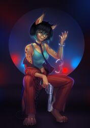  2023 4_toes 5_fingers anthro blue_eyes breasts clothed clothing digital_media_(artwork) feet felid feline female fingers gaiawolfess hi_res looking_at_viewer mammal midriff navel smile toes weapon 