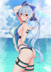  arm_up ass baeg_mi blue_bow blue_hair blue_sky bow breasts bridal_garter cloud day fate/grand_order fate_(series) female hair_between_eyes hairbow highleg highres long_hair looking_at_viewer medium_breasts ocean one-piece_swimsuit outdoors photoshop_(medium) ponytail red_eyes sky solo standing sunlight swimsuit tomoe_gozen_(fate) tomoe_gozen_(swimsuit_saber)_(fate) tomoe_gozen_(swimsuit_saber)_(first_ascension)_(fate) wet 