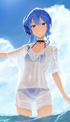  absurdres bikini bikini_under_clothes blue_bikini blue_eyes blue_hair blue_sky cloud collarbone commentary day female flat_chest grin highres hololive hoshimachi_suisei looking_at_viewer makimaki_makky7 medium_hair ocean outdoors see-through see-through_shirt shirt side_ponytail sky smile solo star_(symbol) star_in_eye swimsuit symbol_in_eye teeth virtual_youtuber water wet wet_clothes wet_shirt white_shirt 