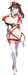  absurdres animal_ears bell black_hair boots breasts clothing_cutout commentary_request cow_ears cow_horns cropped_jacket earrings fake_animal_ears fake_horns female full_body gloves hand_up hat high_heels highleg highleg_leotard highres horns jacket jewelry large_breasts leotard lips looking_at_viewer mahou_shoujo_madoka_magica mahou_shoujo_suzune_magica mikoto_tsubaki mole mole_on_breast navel navel_cutout neck_bell open_clothes open_jacket open_mouth ponytail purple_eyes senri_gan shiny_skin short_sleeves simple_background smile solo stomach sweat sweatdrop tachi-e tail thigh_boots thighhighs thighs white_gloves 