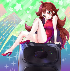  :d amimi arm_support ass bad_id bad_pixiv_id bare_arms blush breasts brown_eyes brown_hair commentary_request dress female friday_night_funkin&#039; girlfriend_(friday_night_funkin&#039;) high_heels legs open_mouth red_dress red_footwear short_dress sitting smile speaker thighs 