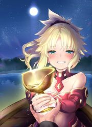  bare_shoulders blonde_hair blush boat braid breasts chalice commentary_request cup damaged detached_sleeves fate/apocrypha fate/grand_order fate_(series) female green_eyes hair_ornament hair_scrunchie happy_tears highres holding holding_cup holy_grail_(fate) long_hair looking_at_viewer moon mordred_(fate) mordred_(fate/apocrypha) mozu_(peth) night outdoors own_hands_together ponytail red_scrunchie red_sleeves scrunchie sky smile solo_focus spilling star_(sky) starry_sky tears teeth watercraft 