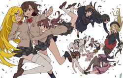  1boy 6+girls :d arm_sling arms_around_waist asymmetrical_docking beret black_hair blazer blonde_hair blue_headwear blue_serafuku blush bouncing_breasts bow bowtie breast_press breasts bright_pupils brown_eyes brown_footwear brown_hair brown_jacket closed_eyes closed_mouth coin colored_skin commentary confetti dark-skinned_female dark_skin dolly_(toaru_kagaku_no_railgun) doppelganger_(toaru_kagaku_no_railgun) emblem flower flower_wreath frenda_seivelun gloves hair_between_eyes hair_flower hair_ornament hairbow hat head_wreath highres holding holding_coin hug iizumi_rita jacket kouzaku_mitori kuriba_ryouko large_breasts loafers long_hair long_sleeves looking_at_another looking_at_viewer making-of_available mask medium_hair miniskirt misaka_mikoto mouth_mask multicolored_hair multicolored_skin multiple_girls neckerchief necktie nurse_cap open_mouth parted_bangs plaid plaid_skirt pleated_skirt red_bow red_bowtie red_skirt sailor_collar sakugawa_school_uniform sakuragi_naruha saten_ruiko school_emblem school_uniform seike_taroumaru serafuku shirai_kuroko shoes shokuhou_misaki short_hair siblings sidelocks sisters skirt smile socks star-shaped_pupils star_(symbol) surgical_mask sweatdrop symbol-shaped_pupils teruya_(6w6y) thighhighs toaru_kagaku_no_railgun toaru_kagaku_no_railgun_t toaru_majutsu_no_index tokiwadai_school_uniform twintails uiharu_kazari very_long_hair waist_hug white_background white_bow white_gloves white_hair white_socks winter_uniform wreath yakumaru_itsuki yellow_pupils yumiya_rakko zettai_ryouiki 