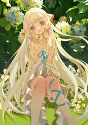  absurdres ahoge bare_shoulders blue_ribbon brown_eyes chii chobits day dress female hair_tubes haitu highres index_finger_raised leg_ribbon long_hair looking_at_viewer outdoors ribbon sitting solo very_long_hair white_dress 