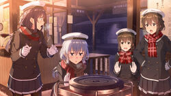  4girls akatsuki_(kancolle) alternate_costume black_coat black_hair black_pantyhose black_skirt blue_eyes brown_eyes brown_hair coat commentary_request cowboy_shot folded_ponytail gloves grey_hair hat heater hibiki_(kancolle) ikazuchi_(kancolle) inazuma_(kancolle) indoors kantai_collection kerosene_heater key_kun long_hair multiple_girls pantyhose plaid plaid_scarf pleated_skirt red_scarf sailor_hat scarf skirt snow white_gloves white_headwear 