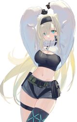  animal_ears arknights arms_up aurora_(arknights) aurora_(elite_ii)_(arknights) bear_ears belt belt_pouch black_gloves black_hairband blonde_hair blue_eyes blush breasts cleavage cowboy_shot crop_top female gloves grey_shorts hair_over_one_eye hairband highres infection_monitor_(arknights) long_hair long_sleeves medium_breasts midriff nakatsuka123 navel parted_lips pouch short_shorts shorts shrug_(clothing) simple_background solo stomach thigh_strap very_long_hair white_background 