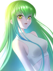  breasts c.c. clip_studio_paint_(medium) code_geass cropped_shirt female from_side green_hair hair_behind_ear hair_between_eyes highres leaning_back long_hair looking_at_viewer makuroillust medium_breasts midriff navel open_mouth shirt sleeveless sleeveless_shirt solo upper_body very_long_hair white_background white_shirt yellow_eyes 