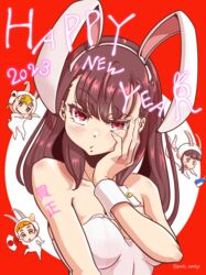  2023 4girls absurdres animal_costume animal_ears bare_shoulders braid braided_bangs breasts brown_hair chibi chinese_zodiac closed_mouth commentary_request english_text fake_animal_ears frown half-closed_eyes happy_new_year highres kobuchizawa_shirase leotard long_hair looking_at_viewer medium_breasts mini_person minigirl miyake_hinata multiple_girls nengajou new_year partial_commentary playboy_bunny poshi_nemiiyo rabbit_costume rabbit_ears red_background red_eyes shiraishi_yuzuki shoulder_tattoo sora_yori_mo_tooi_basho strapless strapless_leotard tamaki_mari tattoo textless_version translated twitter_username upper_body white_leotard wrist_cuffs year_of_the_rabbit 