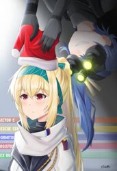  2girls black_bodysuit blonde_hair blue_hair bodysuit bow gamryous girls&#039;_frontline gloves green_hairband grin hairband hairbow hat highres jacket k11_(girls&#039;_frontline) long_hair multicolored_clothes multiple_girls night_vision_device ponytail red_eyes russian_flag santa_hat scarf smile sneaking sneaking_suit splinter_cell sv-98_(girls&#039;_frontline) sv-98_(mod3)_(girls&#039;_frontline) upside-down white_jacket white_uniform 