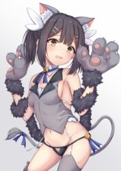  animal_ear_fluff animal_ears arata_(xin) bare_shoulders bell black_hair black_panties blush breasts cat_ears cat_tail commentary fate/kaleid_liner_prisma_illya fate_(series) female fur_trim grey_shirt grey_thighhighs hair_between_eyes hair_ornament hairclip highres long_hair md5_mismatch medium_breasts medium_hair miyu_edelfelt miyu_edelfelt_(beast_style) navel open_mouth panties ribbon shirt sideboob simple_background solo tail tail_ornament tail_ribbon thighhighs underwear white_background 