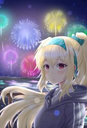  blonde_hair blue_hoodie blue_jacket bow closed_mouth female fireworks gamryous girls&#039;_frontline green_hairband hair_flowing_over hairband highres hood hoodie jacket long_hair looking_at_viewer new_year ponytail red_eyes ribbon shirt smile solo sv-98_(girls&#039;_frontline) sv-98_(mod3)_(girls&#039;_frontline) upper_body white_shirt 