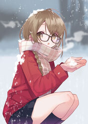  :o black_skirt black_socks braid brown-framed_eyewear brown_eyes brown_hair coat commentary_request cupping_hands female glasses kneehighs long_hair long_sleeves looking_at_viewer miniskirt miyoshino original own_hands_together parted_lips red_coat scarf skirt snowing socks solo squatting thighs winter winter_clothes 