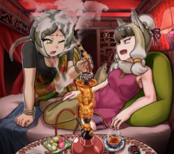  2girls food gharial_(kemono_friends) haegiwa_gonbee hookah kemono_friends macaron mongolian_wolf_(kemono_friends) multiple_girls source_request 