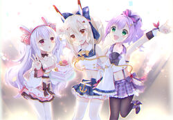  3girls :d armpits ayanami_(azur_lane) ayanami_(low-key_idol_@confused)_(azur_lane) azur_lane bare_shoulders birthday_cake black_pantyhose bow cake carrying collarbone commentary_request detached_sleeves food green_eyes hair_ornament hair_ribbon hairband hairbow hairclip headgear highres holding holding_cake holding_food javelin_(azur_lane) javelin_(energetic_idol_@120_motivation!)_(azur_lane) laffey_(azur_lane) laffey_(bunny_idol_@unmotivated)_(azur_lane) long_hair looking_at_viewer maya_(tirolpop) midriff multiple_girls navel official_alternate_costume open_mouth orange_eyes pantyhose parted_lips pleated_skirt ponytail purple_hair red_eyes retrofit_(azur_lane) ribbon skirt smile standing standing_on_one_leg star_(symbol) star_hair_ornament suspender_skirt suspenders thighhighs twintails v white_hair white_pantyhose white_thighhighs wide_sleeves zettai_ryouiki 