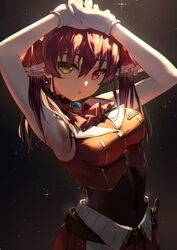  armpits arms_up black_background bodysuit breasts cleavage covered_navel cowboy_shot female gloves heterochromia hololive houshou_marine houshou_marine_(1st_costume) kyou-chan long_hair looking_at_viewer medium_breasts navel red_eyes red_hair see-through see-through_cleavage short_twintails solo twintails virtual_youtuber white_gloves yellow_eyes 