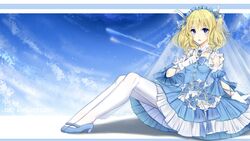  3874384829 blonde_hair blue_dress blue_eyes blue_footwear blue_sky breasts dress female flower gloves glowworm_(warship_girls_r) hair_flower hair_ornament hair_ribbon hairband looking_at_viewer medium_hair on_floor open_mouth pantyhose ribbon shoes simple_background sitting sky small_breasts solo warship_girls_r white_gloves white_pantyhose 