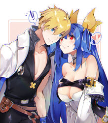  ! !! 1boy ahoge bare_shoulders belt black_shirt blonde_hair blue_eyes blue_hair breasts cleavage collarbone commentary couple detached_sleeves dizzy_(guilty_gear) english_commentary female guilty_gear guilty_gear_strive guilty_gear_xrd hair_ribbon heart highres husband_and_wife jacket ky_kiske large_breasts long_hair o-ring red_eyes ribbon rirene_rn shirt short_hair smile spoken_heart straight white_jacket yellow_ribbon 