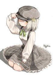  absurdres arknights arm_up bow breasts brown_eyes cabbie_hat closed_mouth collared_shirt commentary dress_shirt female frilled_skirt frills full_body green_bow grey_hat grey_skirt hair_between_eyes hair_ornament hand_on_headwear hat highres korean_commentary light_smile long_sleeves looking_at_viewer polyvora puffy_long_sleeves puffy_sleeves scene_(arknights) seiza shadow shirt signature sitting skirt sleeves_past_wrists small_breasts solo star_(symbol) star_hair_ornament suspender_skirt suspenders white_background white_shirt 