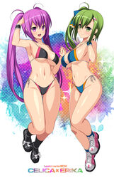  2girls beatmania_iidx bikini black_bikini blue_bikini breasts commentary_request full_body green_eyes green_hair holding_hands kinoshita_ichi kitami_erika large_breasts long_hair mizushiro_celica multiple_girls purple_eyes purple_hair shoes side-tie_bikini_bottom side_ponytail sneakers string_bikini swimsuit twintails wristband 